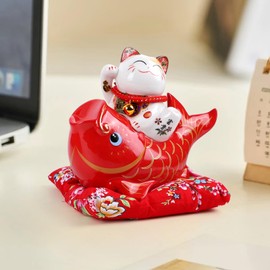 Lbwstellar Lucky Cat Fish Statue, Ceramic Chinese Feng Shui Fish Fortune Money Box, Japanese Lucky Cat Porcelain Bank Charm Pot for Saving Change, Lucky Cat Waving Arm, Coin Save Decor Ornament Gift