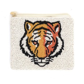 Tiger Beaded Coin Purse, Beaded Coin Pouch, Tiger Bead Purse, Tiger White Beaded Purse