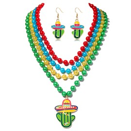 ZOLEAROPY Cinco De Mayo Beads Necklace Colorful Multilayer Beads Mexican Sombrero Cactus Maraca Pendant Necklaces Mexico Fiesta Holiday Party Favors Gifts (cactus pendant necklaces)