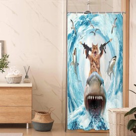 Grtuspr Cat Shower Curtains for Bathroom, Funny Brown Cat Riding Shark Blue Ocean Theme Shower Curtain Set for Men Boys, Cute Cute Cool Blue Bath Curtain Sets with Hooks for Kids Room Decor