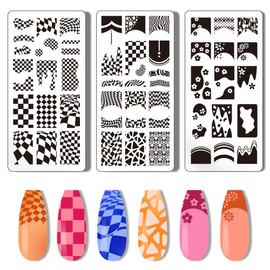 PH PandaHall Pack of 3 French Nail Stamper Tartan Nail Stamping Plate French Tip Nail Art Stencils Plaid Wave Print Nail Stencils Stainless Steel Nail Plates for Nail Design