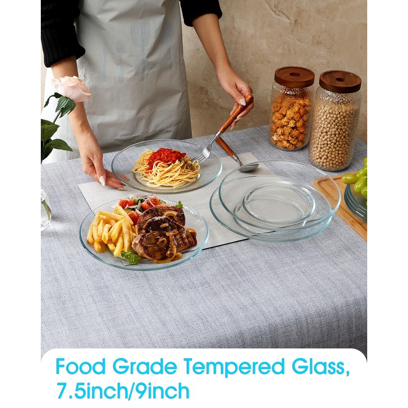 NUTRIUPS 4 Pack 9 inch Tempered Glass Dinner Plates, Clear