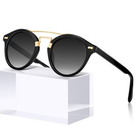 CARFIA Small Face Black Acetate Double Bridge Sunglasses for Women Polarized UV Protection, Retro Metal Brow Round Eyewears
