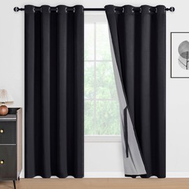 DWCN 100% Blackout Curtains 84 Inches Long for Bedroom with Black Liner, Double Layer Thermal Insulated Room Darkening Window Curtain Panels with Tiebacks for Nursery Room Black W52 x L84, 2 Panels