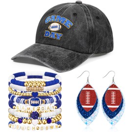 Shyyween 10 Pcs Football Game Day Accessories for Women Set, Embroidered Football Hat, Beaded Bracelets and Earrings(Blue)