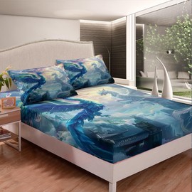 Sábana bajera ajustable de dragón blanco y negro, tamaño individual, sábanas de paisaje mágico del cielo y la montaña para niños, niñas, adolescentes, decoración de habitación, juego de ropa de cama