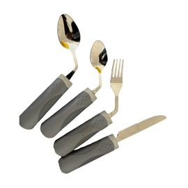 CuraVita Adaptive Utensils (4-Piece Kitchen Set) Weighted 7 oz - 42° Angled Utensils for Parkinson's Patients, Hand Tremors, Arthritis & Elderly - Eating Utensils for Elderly (Right Handed)