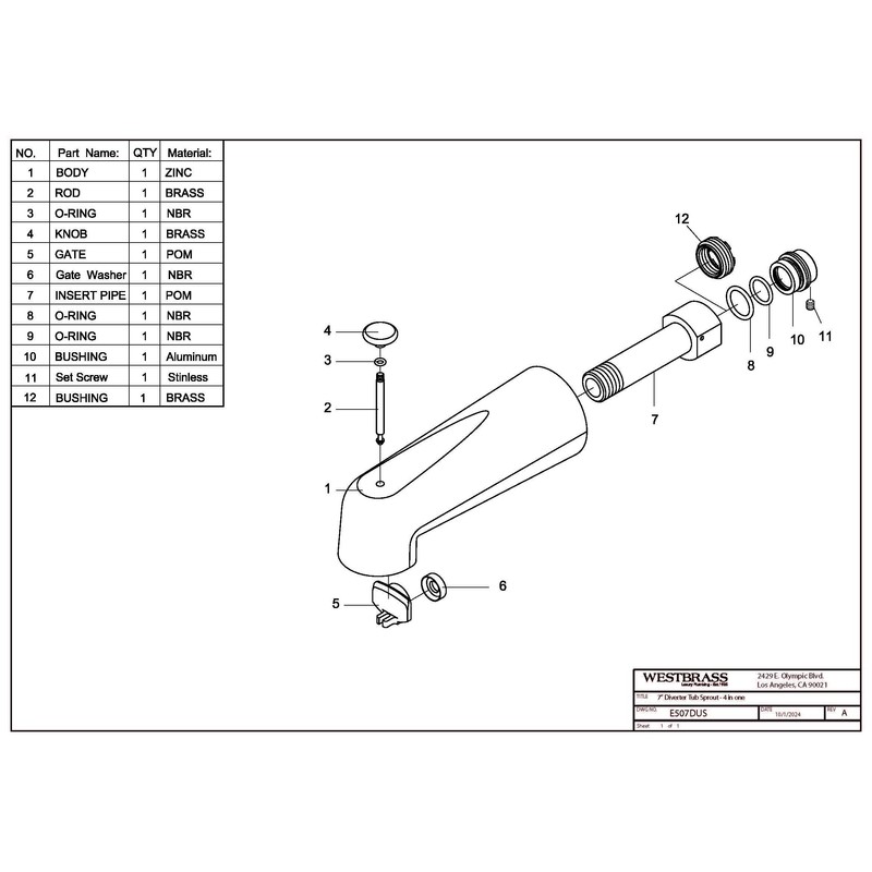 Westbrass E507DUS-62 Universal Fit 7" Diverter Tub Spout, Zinc, Matte