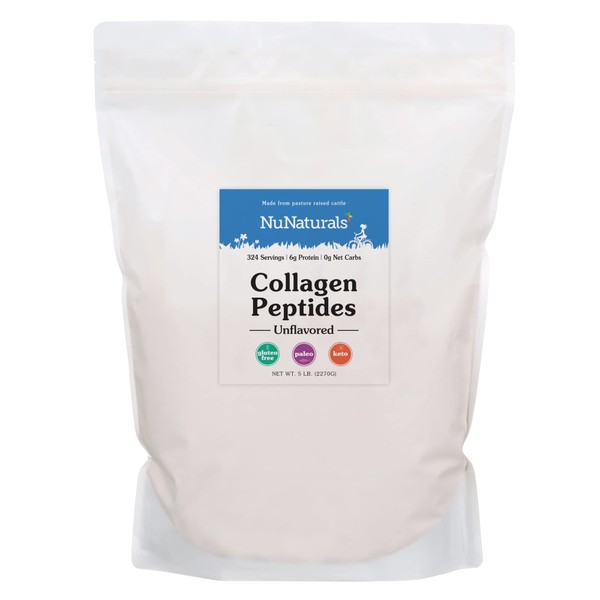 NuNaturals Collagen Peptides Powder (Type I, III), for Skin, Hair, Nail, and Joint Health, 5 lbs