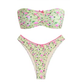 ZAFUL - Bikini sin tirantes para mujer, diseño de lazo, fruncido, corte alto, bandeau de corte alto, para mujer, 2-floral verde, M