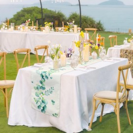 DUQGUHO Green Table Runner Eucalyptus Floral Table Runner Spring Flower Decor Summer Table Runner Linen Seasonal Spring Vintage Decorations for Dining Wedding Outdoor Party Table Decor 13*72 Inch