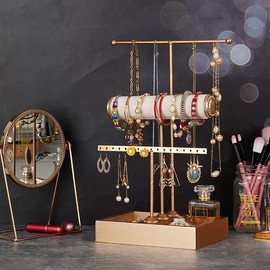 Pemilosci Jewelry Organizer Stand 3 Tier Hanging Jewelry Organizer for Earring Necklace Bracelet Holder Jewelry Ring Perfume Organizer Box Holder Storage (3-Tier Gold)……