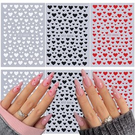 Valentines Day Heart Nail Art Stickers Decals 3D Self-Adhesive Love Hearts Black Red White Pegatinas Uñas Valentine Nail Supplies Nail Art Manicure Design Decoration DIY Accessories 6 Sheets