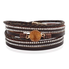 RIAH FASHION Bohemian Leatherette Wrap Multi Layer Statement Bracelet - Wrist Cuff Cubic Rhinestone, Sparkly Bead, Faux Druzy Crystal, Natural Stone Pearl (Tiny Round Druzy Mix - Brown)