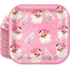 JarThenaAMCS Christmas Square Paper Plates Xmas Tree Santa Claus Disposable Plates 9 Inch Tableware Pink Dinner Plates for Winter Home Party Decor, 50Pcs