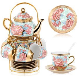 Zhehao 20 Pcs Porcelain Tea Set with Metal Holder and Spoon Adult Ceramic Tea Party Set European Flower Painting Teapot Cup Saucer Spoon Set for Women, Large Version(Vintage Style)