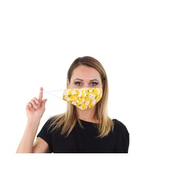 Yellow Reusable Face Masks with Hole for Straw, Floral Print, 3 Layer Cotton, Filter Pocket, Nose Strip, Adjustable Ear Loops (Pack of 2 Masks)