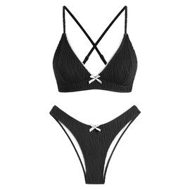 ZAFUL Women's V Neck Bikini Set High Waisted Swimsuits Lace Up Bow Decor Cheeky Two Piece Bathing Suit(2-Black, Small)