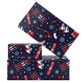 Adventure and Fun Winter SnowSports Ice Skating and Ice Hockey, Red/White Skis Sled Goggles Gloves in Snow-Capped Mountain On Blue Outdoor Wrapping Paper Gift Wrap, 4-Foled Flat Sheets, 1-Design: 20 x 28 inch Per Sheet,15 sq. ft. ttl