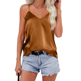 Zeagoo Satin Top Women's Spaghetti Tops V-Neck Tank Top Silk Cami Sleeveless Summer T-Shirt Adjustable Straps Tops Basic, brown