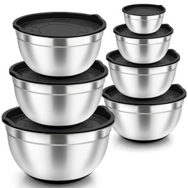 TeamFar Mixing Bowls, Stainless Steel Mixing Bowls with Lids, Black Nesting Salad Bowl with Air-tight Lid & Silicone Bottom, Non Slip & Stackable - Set of 7-4.6/3.5/2.6/2 / 1.5/1 / 0.7 Qt