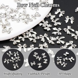 YAEISM 50PCS Bow Nail Charms 3D Silver Nail Charms 2 Styles of Alloy Ribbon Bowknot Nail Bow Charms Nail Rhinestones for Nail Art and DIY Crafts Decoration