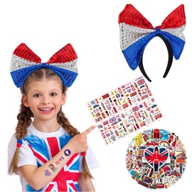 1p Union Jack Bow Headband with 115p UK Temporary Tattoos 50p UK Waterproof Stickers for Novelty Fancy Dress,Great Britain National Flag Tattoo,80 Year Victory Patriotic Sticker for UK Royal Party