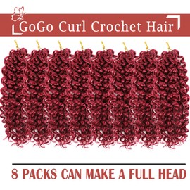 Gogo Curl Burgundy Short Curly Crochet Hair - Beach Curl, Deep Wave, Water Wave Braids - Synthetic Hair Extensions (12 Inch, 8 Packs)