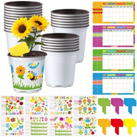 Capoda Garden Flower Pots Crafts Kit DIY Spring Plastic Seedling Nursery Pots with Stickers Plant Labels Growth Charts Planting Growing Tools Classroom Activities Project Gifts(24 Sets,Round)