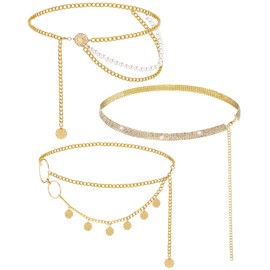 Hicarer 3 Pcs Silver Gold Waist Chain for Body Multi Layer Metal Chain Belts for Women Girls Summer Beach Jewelry Adjustable(Elegant Style)