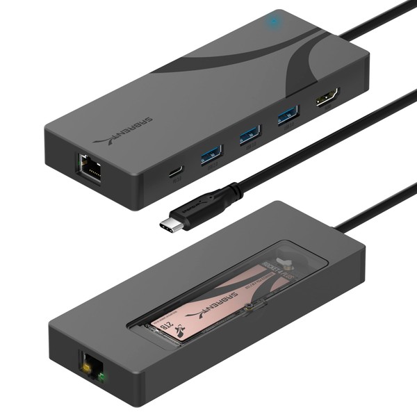 SABRENT 6 in 1 USB C Docking Station with M.2 NVMe SSD Slot, Two USB 3.2 (10 Gbps), 90 W Power Delivery, 4K @ 60 Hz HDMI Port, Gigabit Ethernet RJ45 Port 1GbE for MacBook & Laptop Travel [HB-6PNV]