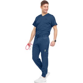 MediChic Men's Scrubs Set – Stretch V-Neck Workwear, 7-Pocket Jogger Pants, Flex Medical Uniforms, Navy Medium