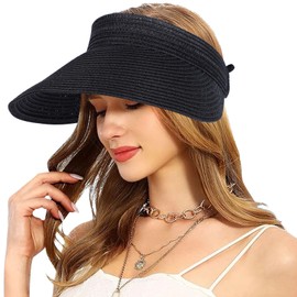 Mayoii Straw Visor Hat Women Sun Visor Hat Rollable Ladies Wide Brim Straw Foldable Summer Topless Sunhats for Womens Adjustable Beach Cap (UK, Alpha, One Size, Standard, Muiticolor-Black)