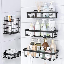 5 Packs Shower Caddy, Self Adhesive Gold Black Shower Organizer Rack for Bathroom Home Kitchen Storage, Large Capacity Rustproof Bathroom Shelves Basket for Inside Shower (Black, 5 Packs-Style 1)