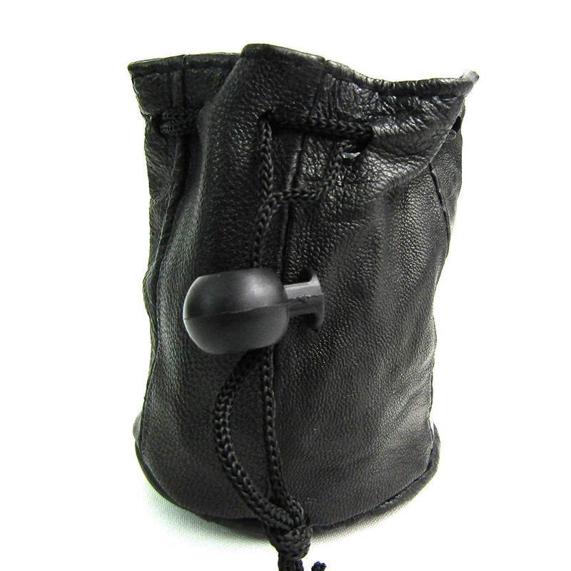 Unisex Drawstring Black Leather Pouch
