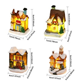 Christmas Village Set, 4PCS Christmas Winter Village Houses Light Up Country Houses Christmas Miniature Resin Ornament Fireless Candles Lamp withTea Light for Christmas Decoration (Village Houses C)
