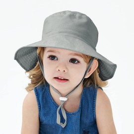 LO SHOKIM Baby Sun Hat 2 Pack Toddler UPF 50+ Summer Sun Protection Wide Brim Bucket Hat Baby Girl Beach Hat Boy Kids Adjustable Cap Summer (Grey + Octopus, S)