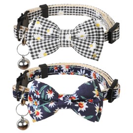 BANMODER Cat Collar Breakaway with Bells,Cute Cat Bow Tie,2 Pack Safety Plaid& Flower Kitten Collar for Girl Boy Male Cats(Dark Blue & Black Plaid/Flower)