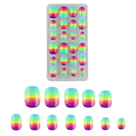 24 Pcs Rainbow Kids Press on Nails Pre-glue Children False Nails Short Oval Full Cover Artificial Fake Nails Gradient Glitter Acrylic Nail Tips for Little Girls Gift (Rainbow Purple)