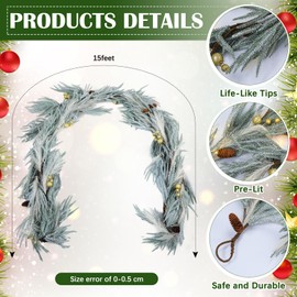 Chuangdi 15 FT Christmas Pine and Pampas Flocked Garland Battery Powered Lighted Christmas Artificial Garland with Pine Cones and Golden Balls for Xmas Home Decor Indoor Outdoor, Not Included Battery