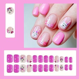 24Pcs Pink Easter Bunny Press on Nails Square Short Fake Nails Flower French Tip Glue on Nails Easter Bunny Design Acrylic Nails Bunny False Nails Stick on Nails Glossy Artificial Nails for Women Girl