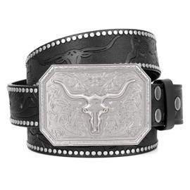 XIAOWU Western Faux Leather Belt for Men and Women, Cowboy Cowgirl Attractive Buckle Retro Embossed Costume Belt, Bull Silver - Black, Passend zur Tallle: 80cm-90cm