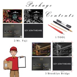 PAITUEND Scratch Rainbow Painting Art Paper,Scratch Art Crafts Set for Adults&Kids,Scratch Painting DIY Creative Gift with 4 Tools,16''x11''(Mt. Fuji&Brooklyn Bridge)