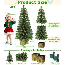 AMENON 2 Pack 4 Ft Artificial Christmas Entrance Tree in Fake Wooden Box Base with 60 LEDs Warm White Light Timer Waterproof Battery Box Operated 140 Branches 14 Pinecone 12 Berries Xmas Decor for Door Porch