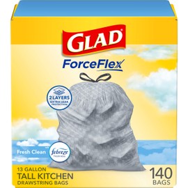 Glad ForceFlex Tall Kitchen Drawstring Trash Bags, 13 Gal, Fresh Clean, 140 Ct (Package May Vary)