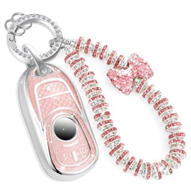 CTRINEWS for Buick Key Fob Cover with Fashionable Zirconia Wristlet KeyChain, Enchanting Diamond Patterns Soft Case for Enclave Encore GX Envision LaCrosse Regal Tourx (6 buttons) (Pink, A)