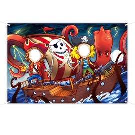 Pirate Backdrop 5 x 3.3 ft, Pirate Ship and Kraken Face Cutout Photo Props, Kraken Scallywags Photography Background, Pirate Birthday Party Decoration Kids Photo Booth Props