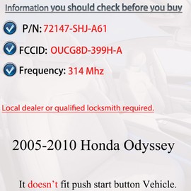 SUPALAND Key Fob Fits for Honda Odyssey Remote Control Keyless Entry Replacement 2005 2006 2007 2008 2009 2010 OUCG8D-399H-A 72147-SHJ-A61 6 Button