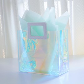 VUOJUR Holographic Medium Gift Bag with Tissue Paper Reusable Birthday Gift Bag for Boy Kids Women Girls Iridescent Bachelorette Wedding Bridal Bridesmaid Tote Gift Bag (Pack of 1, M - Aquamarine)