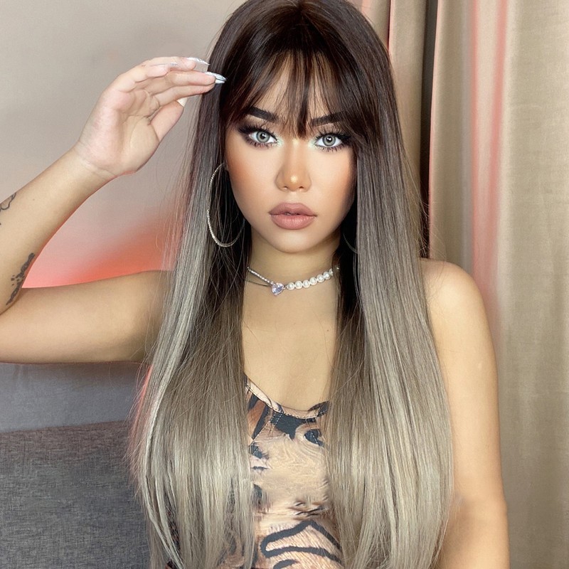 Long Black Wig Human Hair with Bangs and Wig Cap